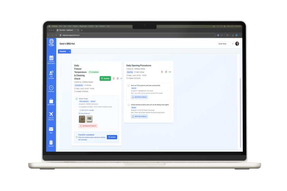 Operational checklist with photo verification and status tracking
